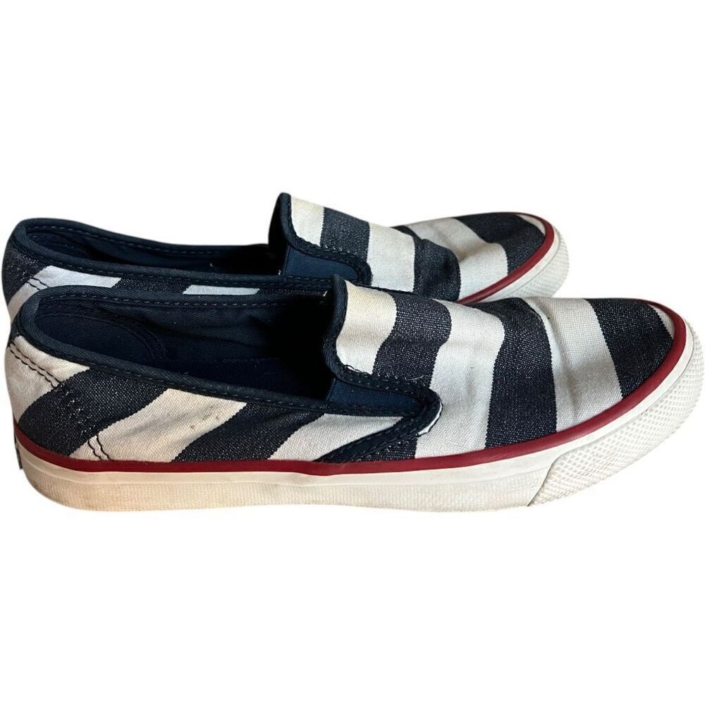 Womens Sperry Seaside Striped Chambray & White Slip-On Shoes - Sz 7.5